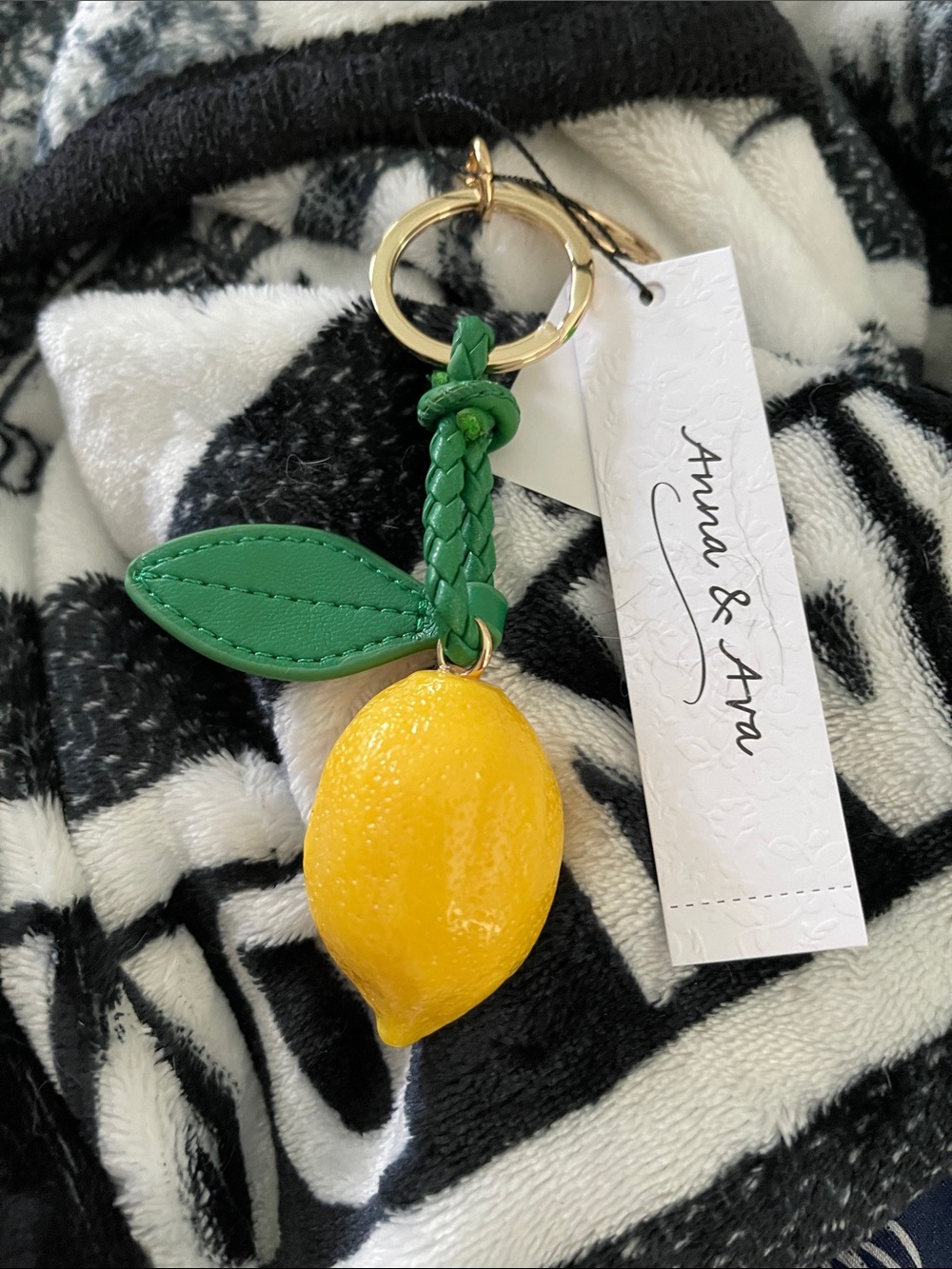 Anna & Ava Yellow Lemon Bag Charm Keychain with Green Leaf and Gold Hardware